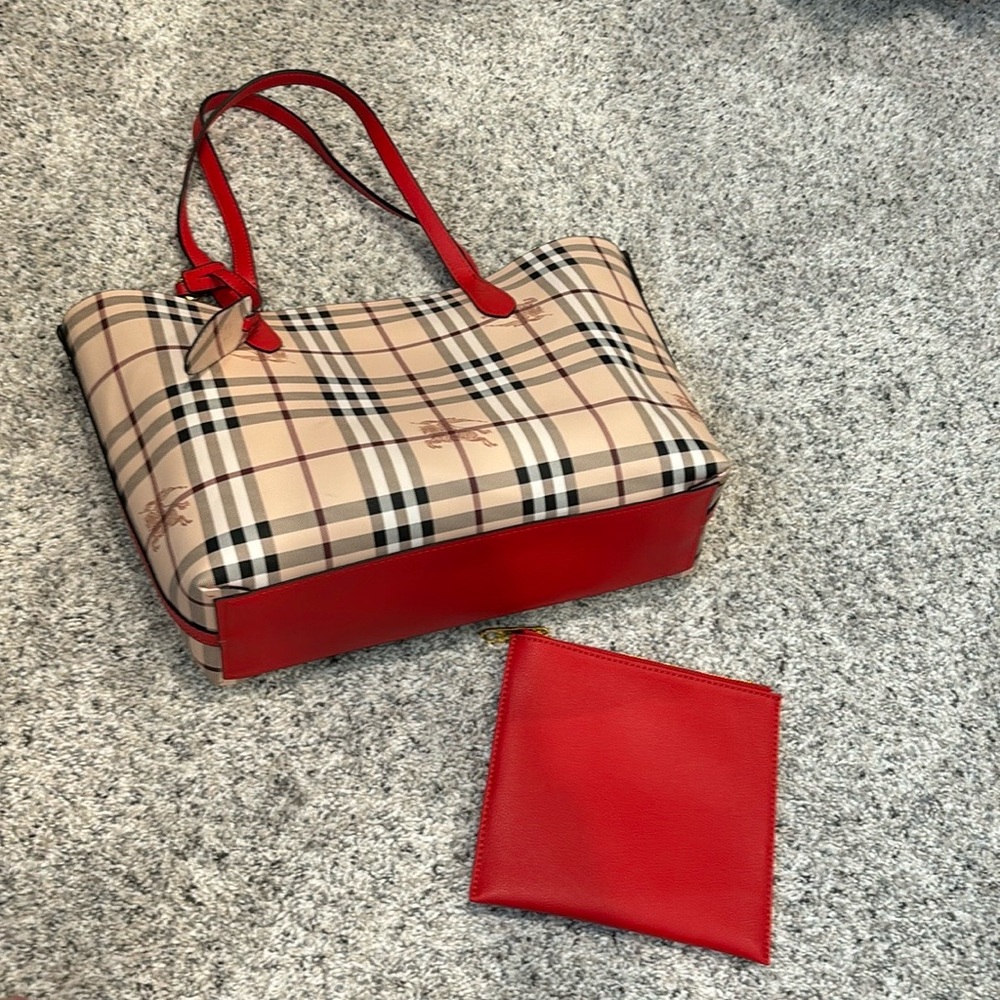 Red tan check reversible tote bag horse checked London checkered plaid